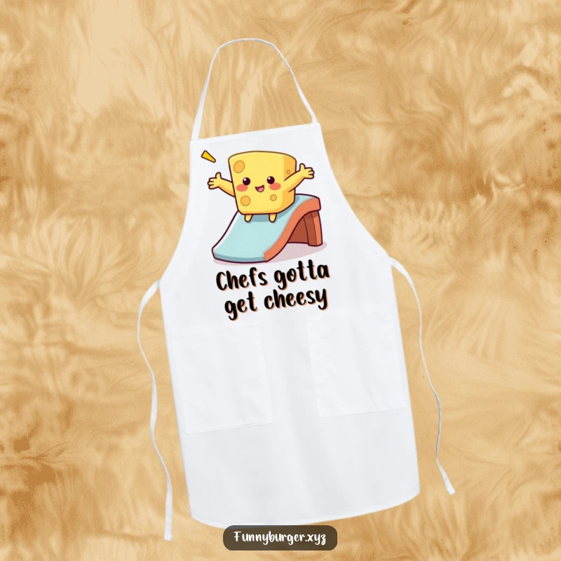 Funny cheese sliding apron with a wobbly, anthropomorphic cheese sliding down a slide, ideal for humorous cooking gift.
