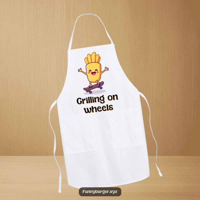Funny apron showcasing a french fry character riding a tiny skateboard, a playful and practical kitchen accessory.