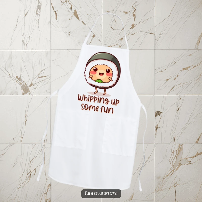 Funny sushi roll apron featuring a smiling, anthropomorphic sushi with tiny legs, dancing goofily while cooking for humorous gift potential.