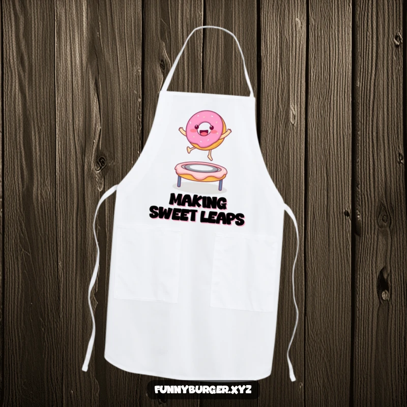 Funny apron showcasing a donut character bouncing on a frosting trampoline, a playful and practical kitchen accessory.