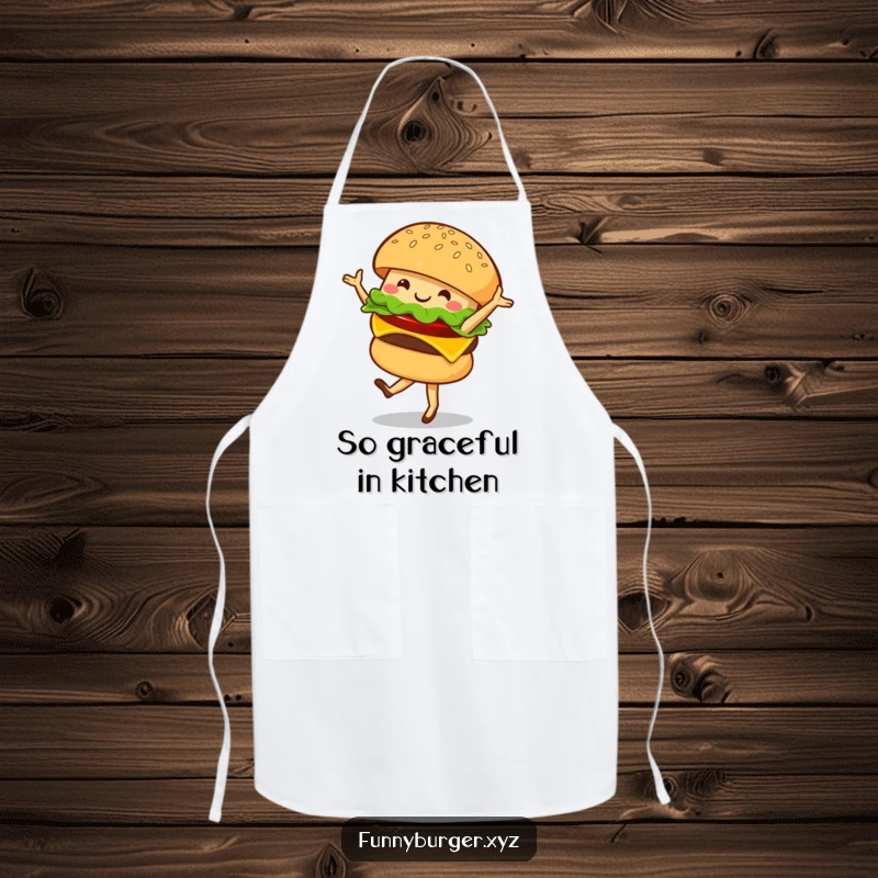 Funny apron displaying a burger character executing a ballet twirl, a playful and practical kitchen accessory.