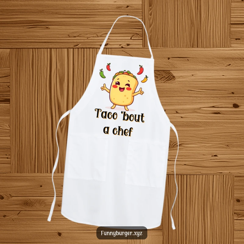 Funny taco juggling apron with an excited, anthropomorphic taco waving arms and juggling peppers, ideal for humorous cooking gift.