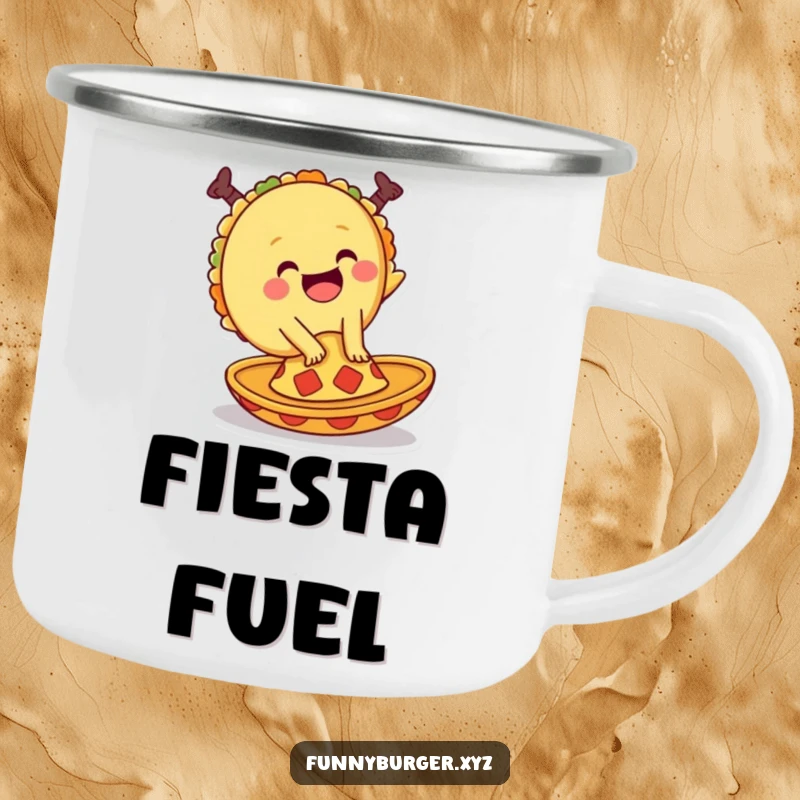 Funny camping mug featuring a giggling taco doing a cartwheel on a sombrero, perfect for sipping drinks in the great outdoors.