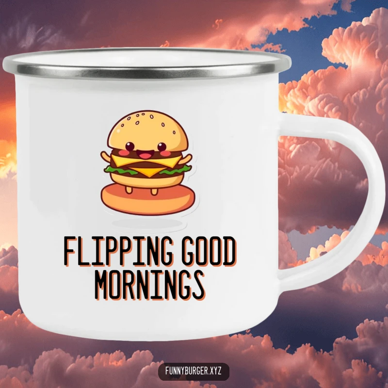 Funny camping mug featuring a happy anthropomorphic burger spinning joyfully, ideal for sipping coffee by the fire.