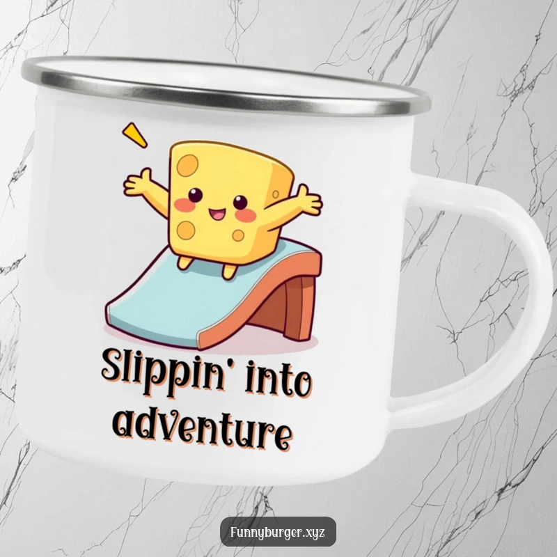 Funny cheese sliding camping mug featuring a wobbly, anthropomorphic cheese sliding down a slide, ideal for humorous outdoor use.