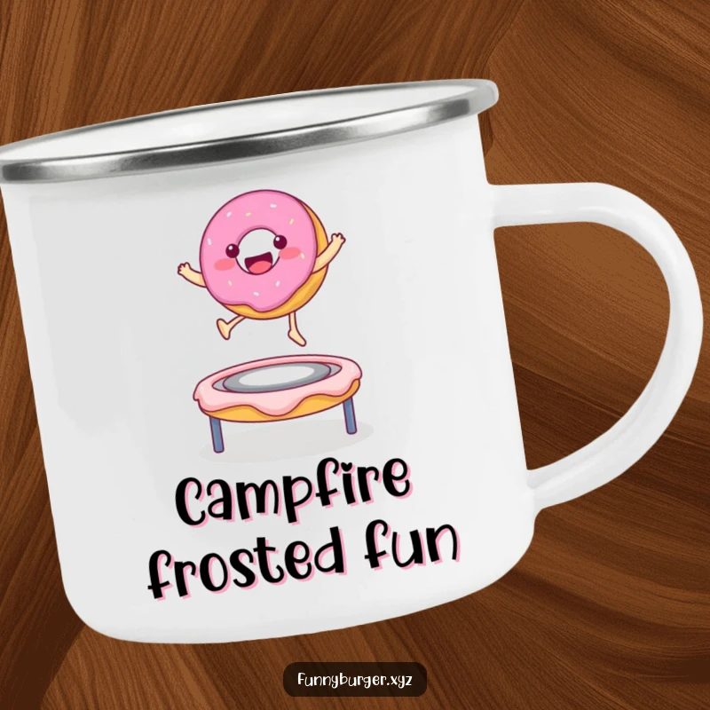 Funny camping mug with a donut character bouncing on a frosting trampoline, perfect for enjoying drinks on the go.