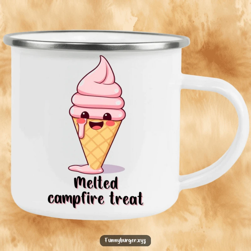 Funny camping mug featuring a happy ice cream cone melting slightly with glee, perfect for sipping drinks in the great outdoors.