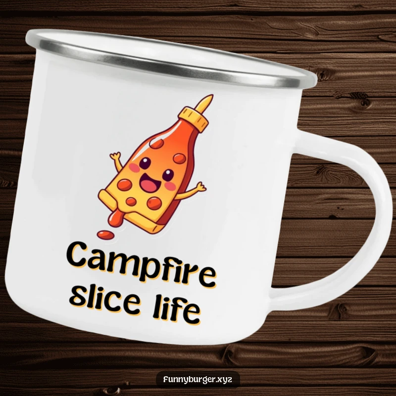 Funny camping mug featuring a cheerful pizza slice sliding down a ketchup bottle, perfect for sipping drinks in the great outdoors.