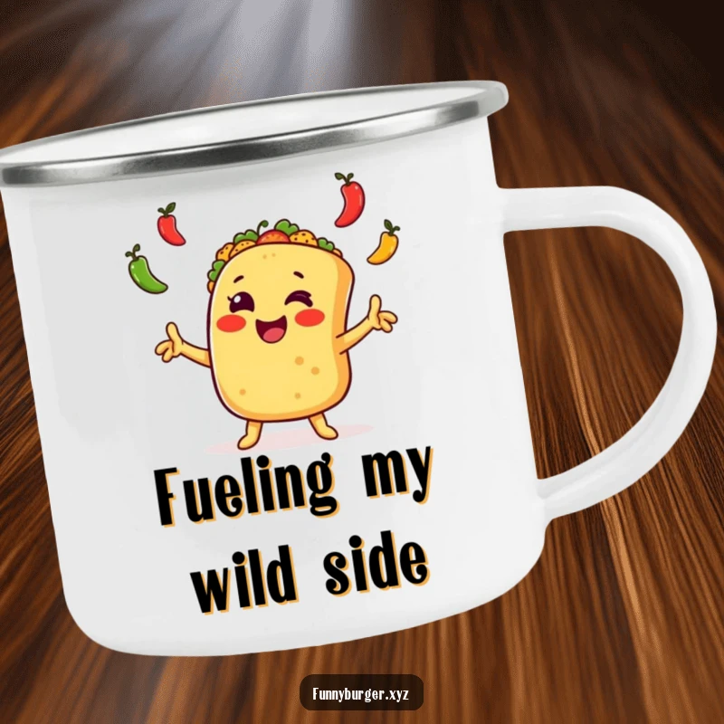 Funny taco juggling camping mug with an excited, anthropomorphic taco waving arms and juggling peppers, ideal for humorous outdoor use.