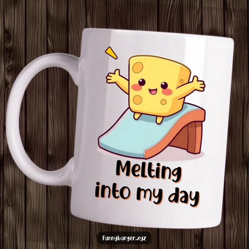 Funny cheese mug featuring a wobbly, anthropomorphic cheese sliding down a slide, perfect for a humorous and cheesy gift.