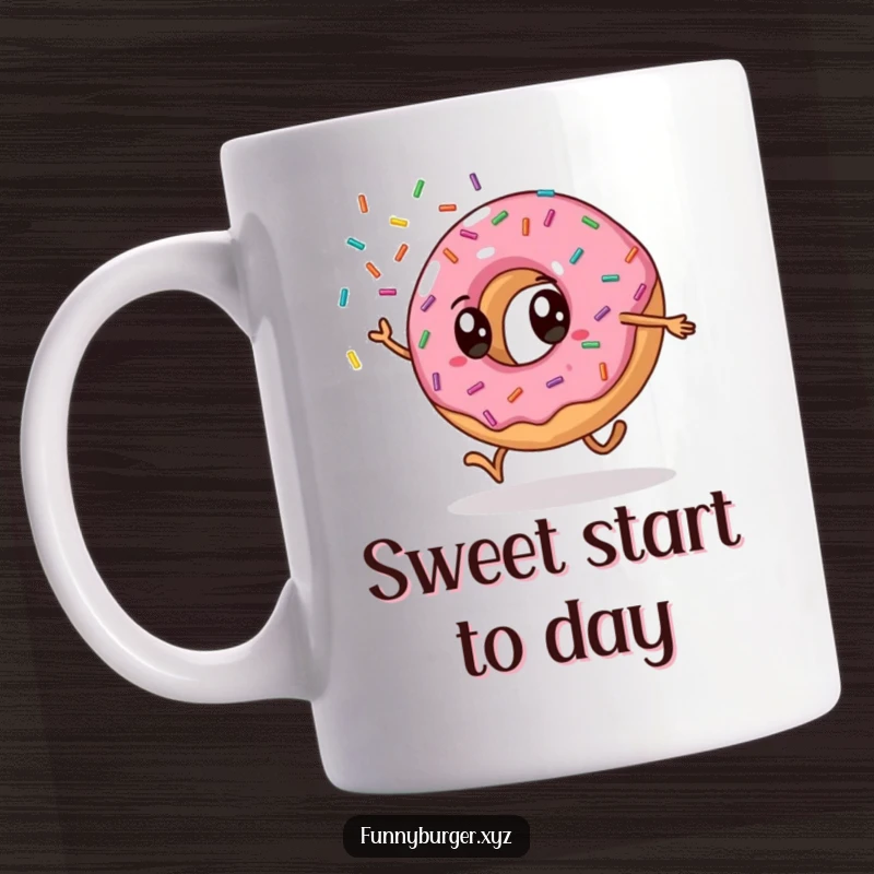 Funny donut mug featuring a cartwheeling, anthropomorphic donut showering sprinkles, perfect for a humorous and sweet gift.