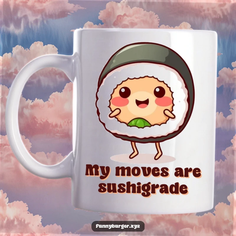 Funny sushi roll mug featuring a smiling, anthropomorphic sushi with tiny legs, doing a goofy dance, perfect for a humorous gift.