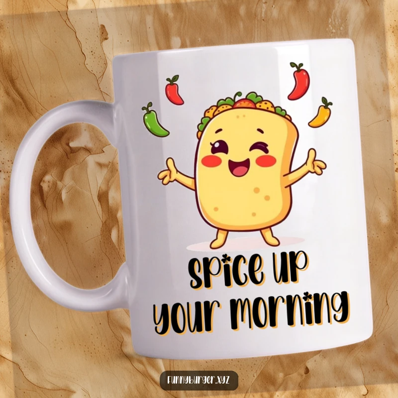 Funny taco mug featuring a joyful, anthropomorphic taco waving arms excitedly, juggling tiny peppers, great for a humorous food gift.
