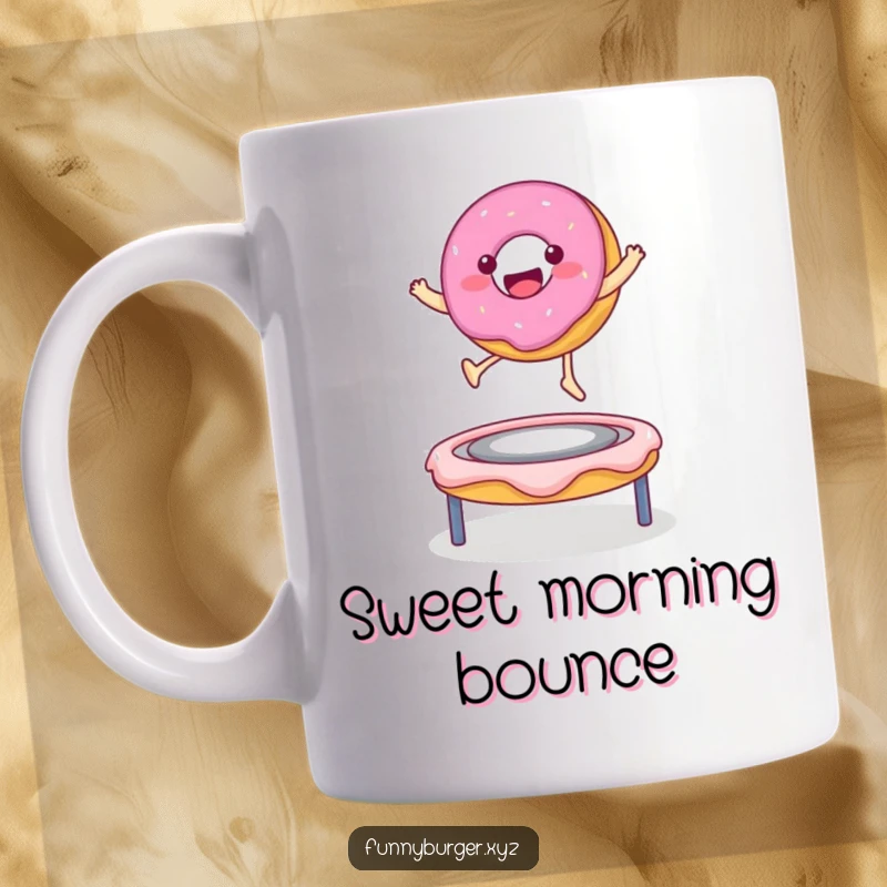 Funny mug featuring a happy donut character gleefully bouncing on a frosting trampoline, a joyful sight.
