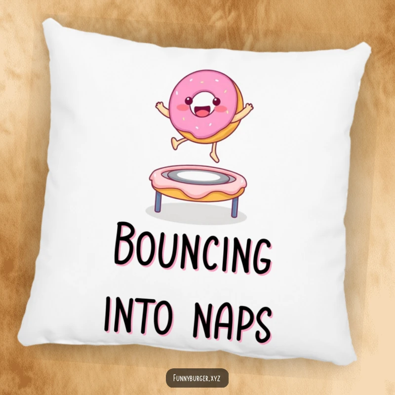 Funny pillow featuring a donut character bouncing on a frosting trampoline, a soft and cheerful decorative item.