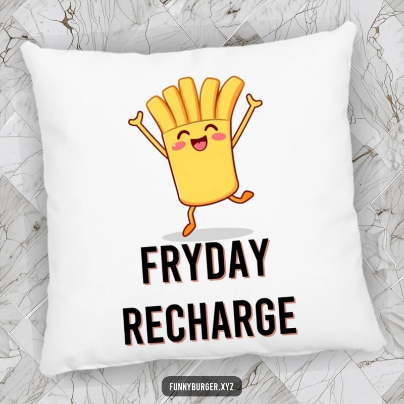 Funny pillow featuring a french fry character joyfully mid-hop, arms up, bringing a playful and cozy feel to any room.
