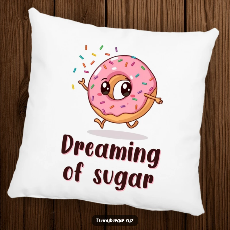 Funny donut cartwheel pillow with an anthropomorphic donut doing a cartwheel and showering sprinkles, offering humorous comfort as a gift.