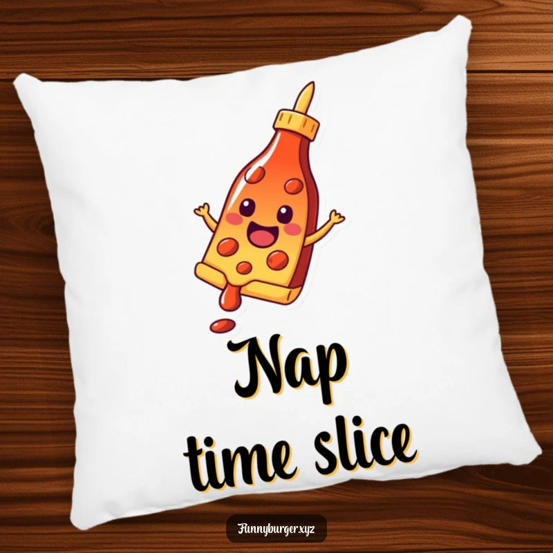 Funny pillow featuring a happy pizza slice sliding down a ketchup bottle, perfect for adding a touch of cheesy comfort.