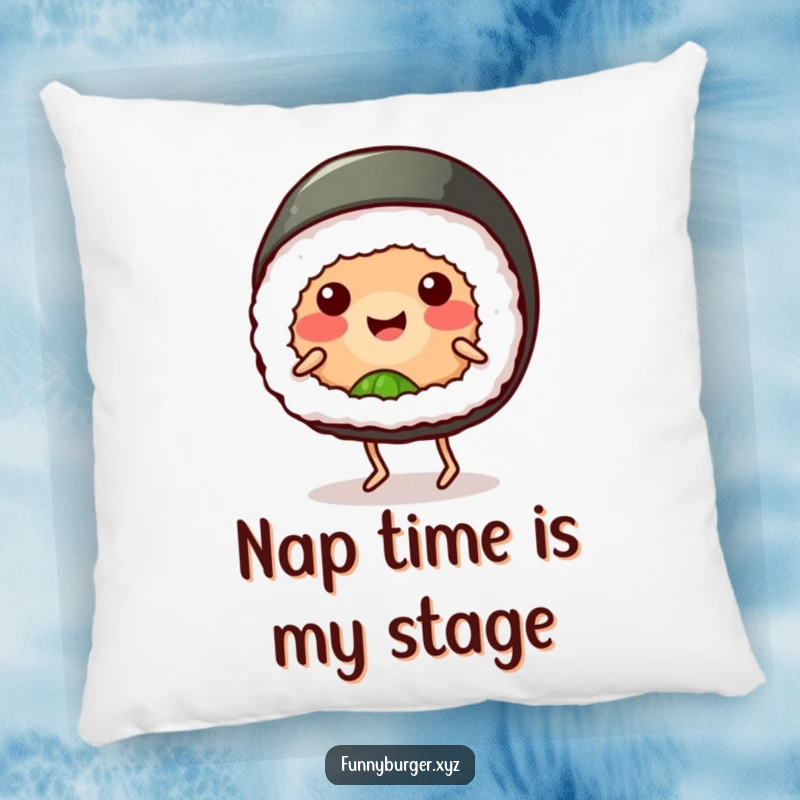 Funny sushi roll pillow with a smiling, anthropomorphic sushi doing a goofy dance, offering humorous comfort and a funny gift idea.