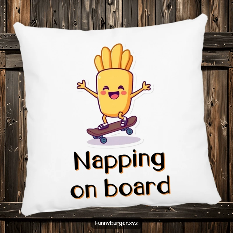 Funny pillow featuring a french fry character riding a tiny skateboard, a soft and cool decorative item.