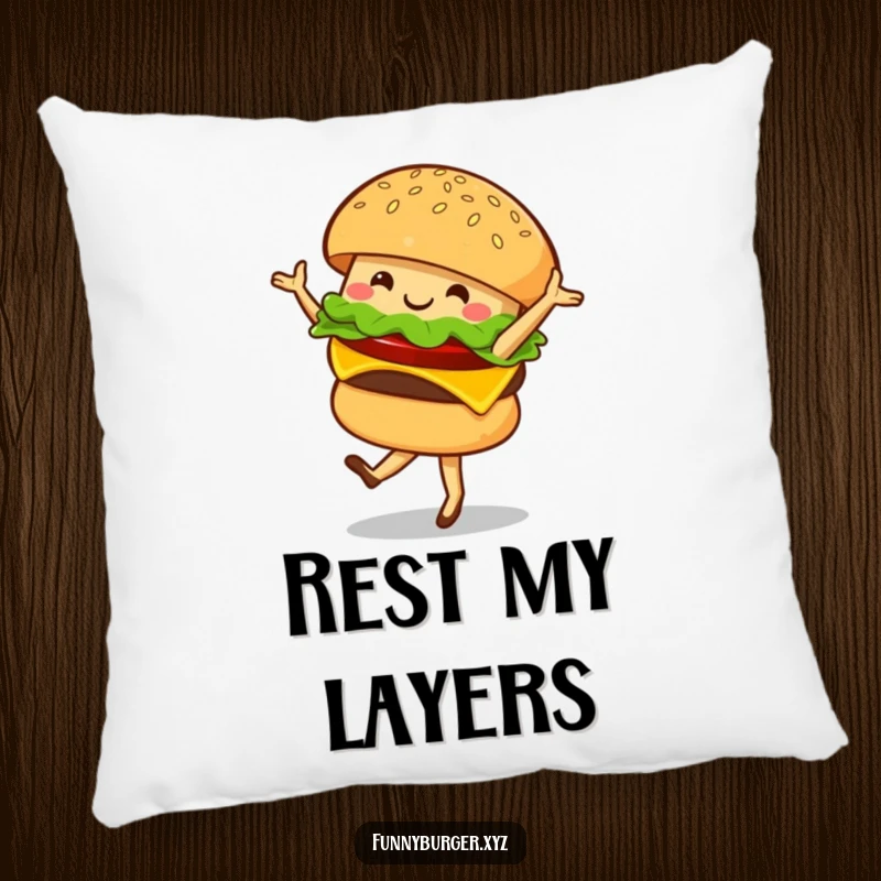 Funny pillow featuring a smiling burger character doing a ballet twirl, a soft and humorous decorative accent.
