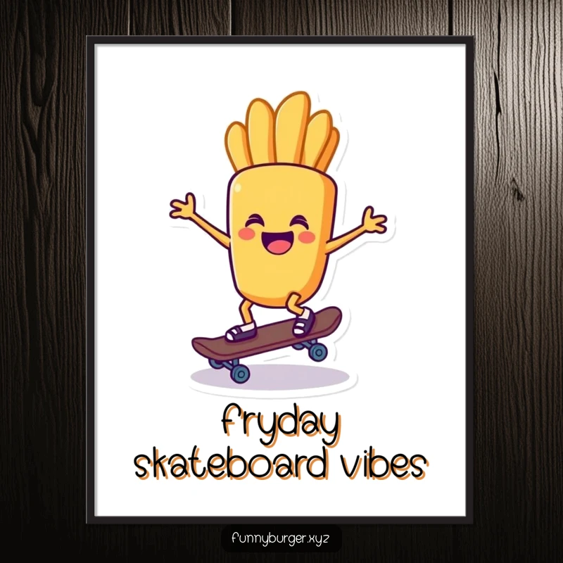 Funny digital art print of a french fry character riding a tiny skateboard, ready to add cool vibes.