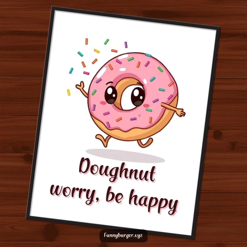 Funny donut cartwheel digital art print of an anthropomorphic donut doing a cartwheel and showering sprinkles, perfect for humorous decor.