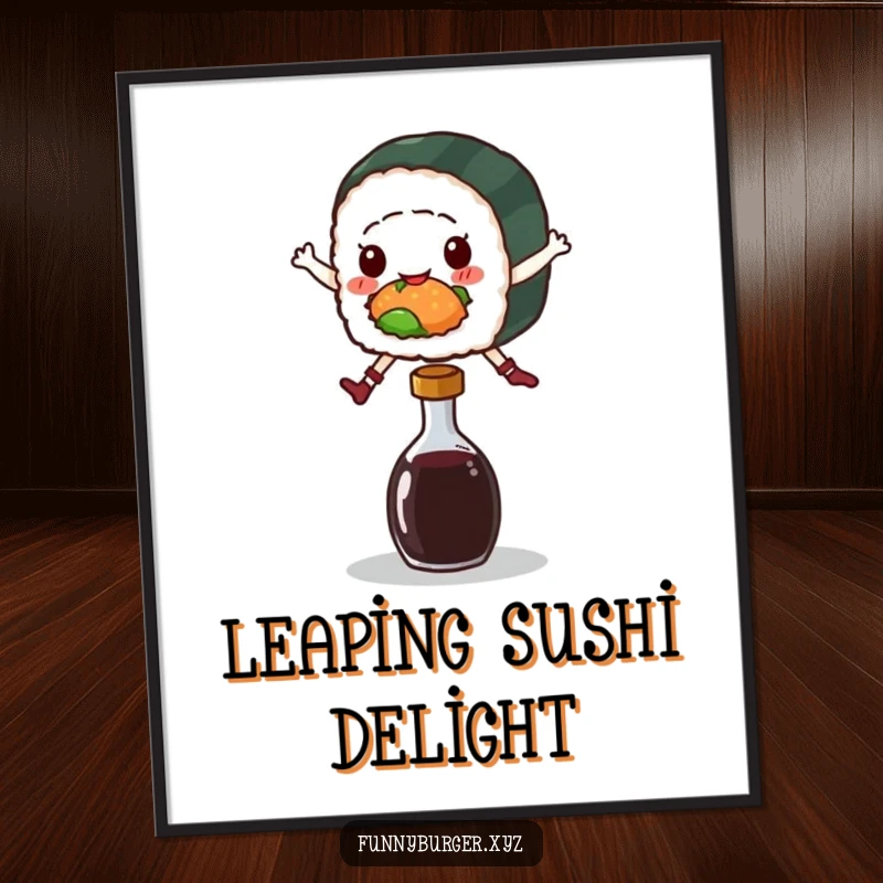 Funny digital art print of a sushi roll character cheerfully jumping over a soy sauce bottle, ready to add energy.