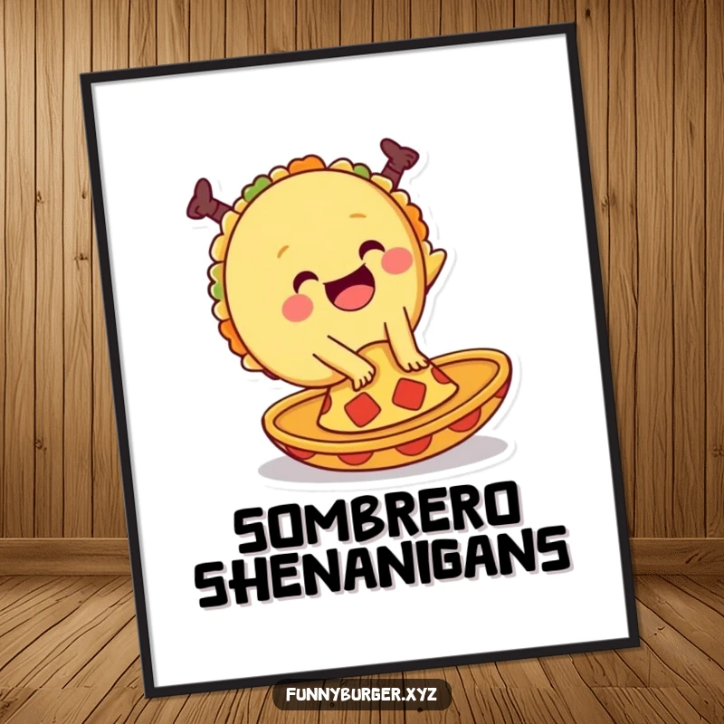 Funny digital art print of a giggling taco doing a cartwheel on a sombrero, radiating pure festive fun.