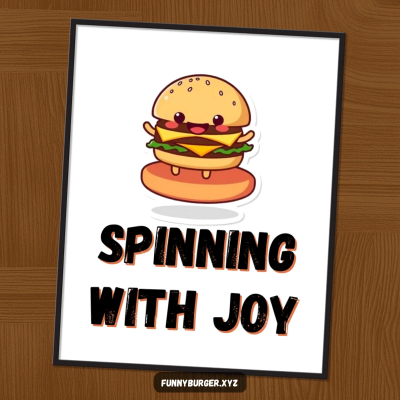 Funny digital art print of a cheerful anthropomorphic burger spinning with glee on a stylized patty, ready for instant download.