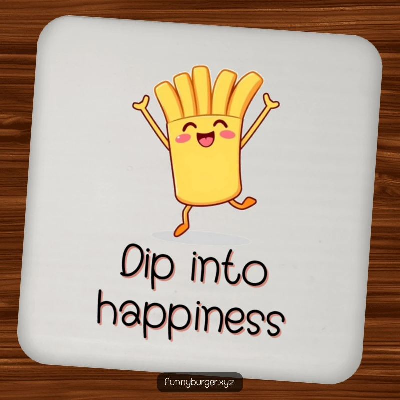 Funny drink coasters featuring a french fry character in an energetic hop, adding a humorous and playful touch to any table.