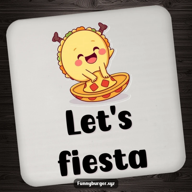 Funny drink coasters featuring a giggling taco doing a cartwheel on a tiny sombrero, adding a humorous and festive touch to any table.