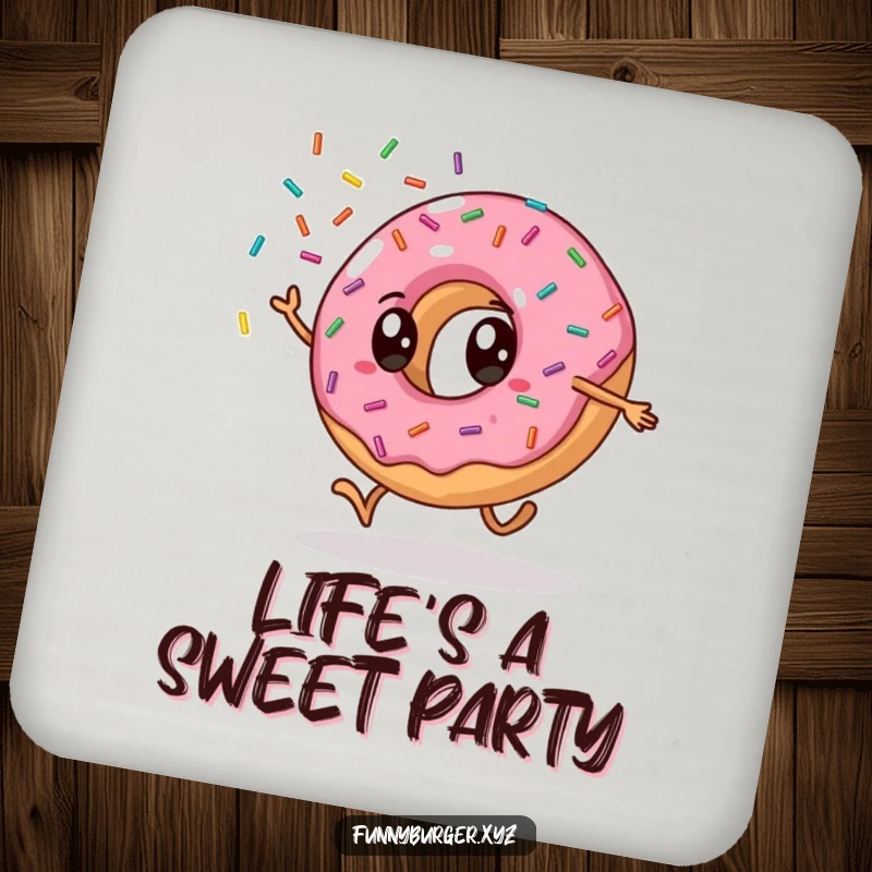 Funny donut cartwheel coaster with an anthropomorphic donut doing a cartwheel and showering sprinkles, protecting tables with humor.