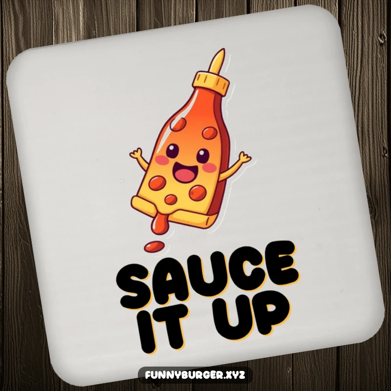 Funny drink coasters featuring a cheerful pizza slice sliding down a ketchup bottle, adding a humorous and delightful touch to any table.