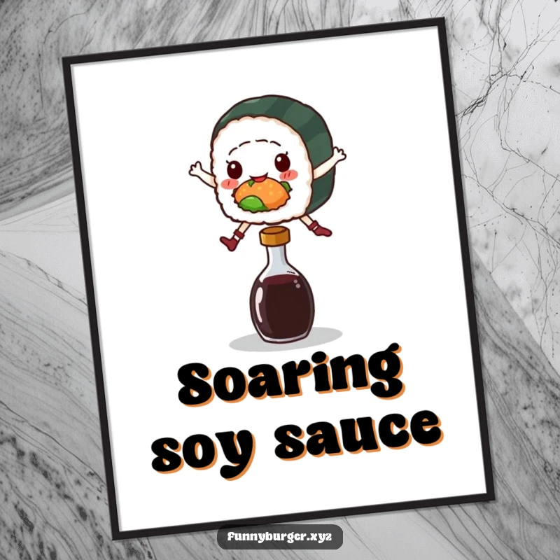 Funny poster print of a sushi roll character cheerfully jumping over a soy sauce bottle, adding vibrant energy.