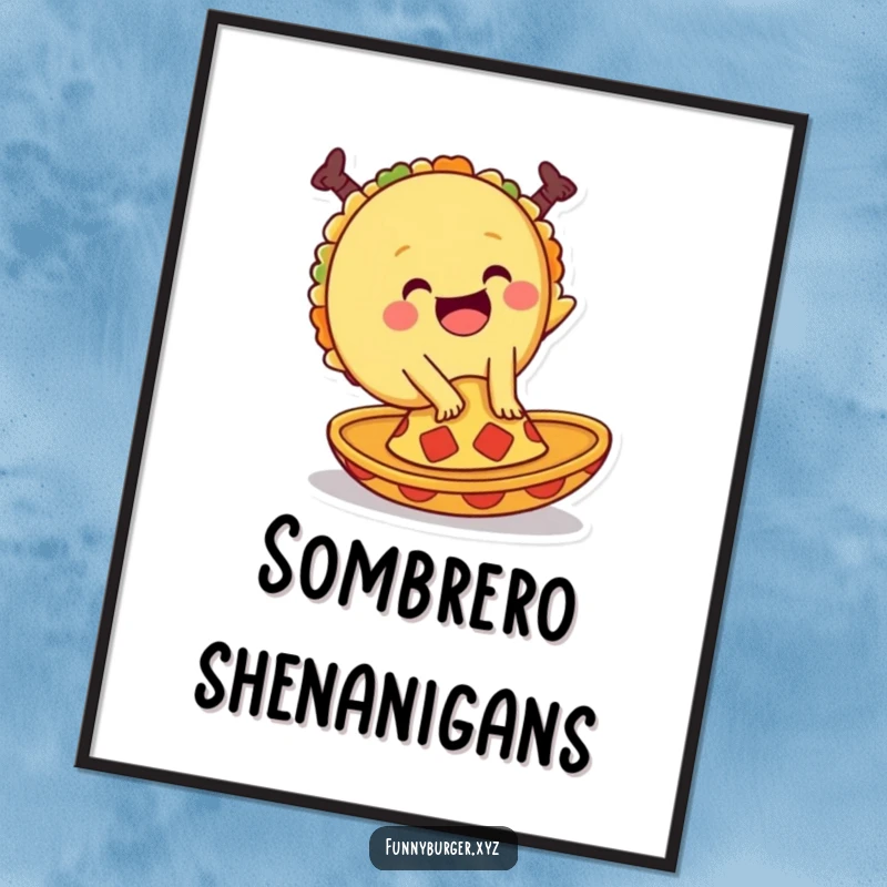 Funny poster art of a giggling taco doing a cartwheel on a tiny sombrero, a dynamic and cheerful piece for food art lovers.