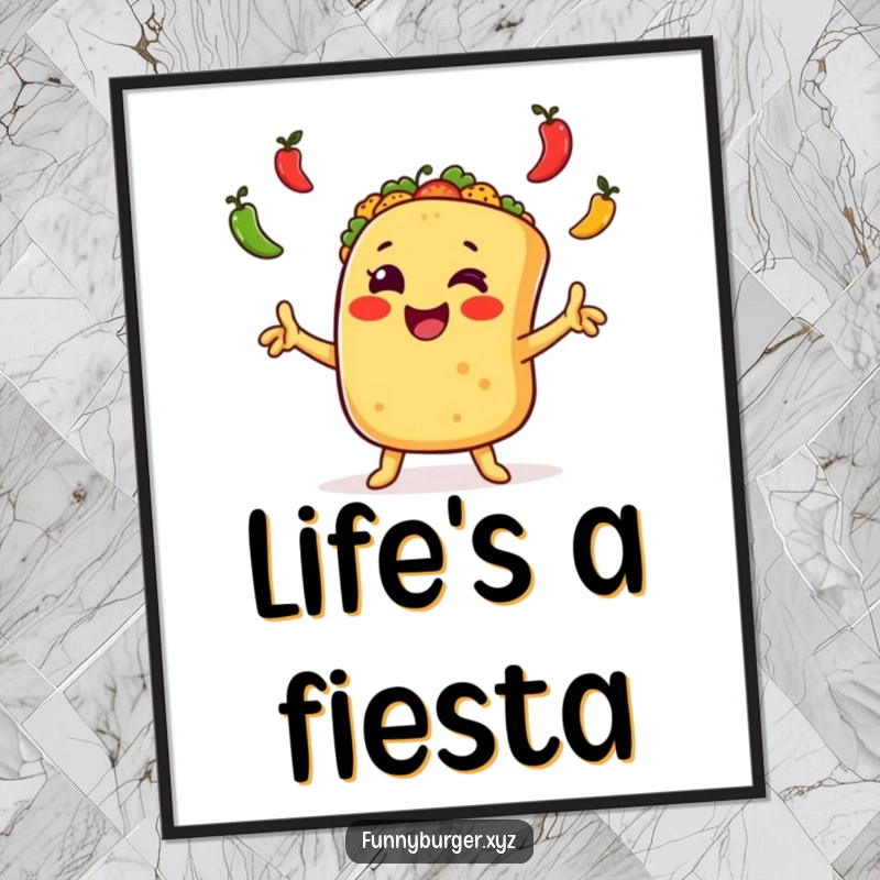 Funny taco juggling poster featuring a joyful, anthropomorphic taco waving arms excitedly and juggling peppers, ideal for humorous decor.