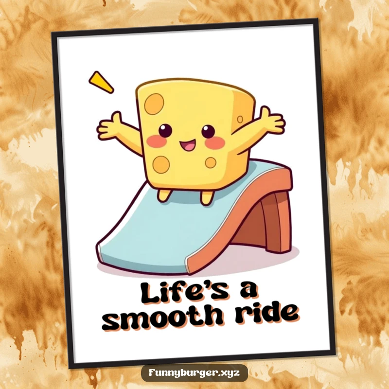 Funny cheese sliding poster featuring a wobbly, anthropomorphic cheese sliding down a slide, ideal for humorous wall art.