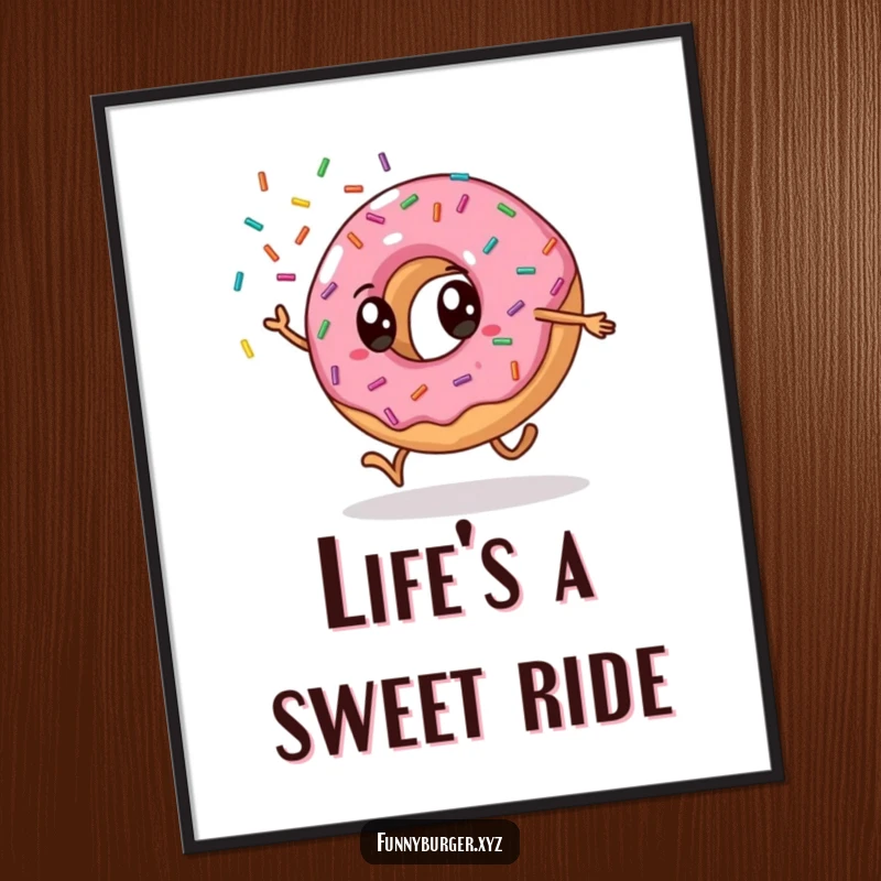 Funny donut cartwheel poster featuring an anthropomorphic donut doing a cartwheel and showering sprinkles, ideal for humorous wall art.