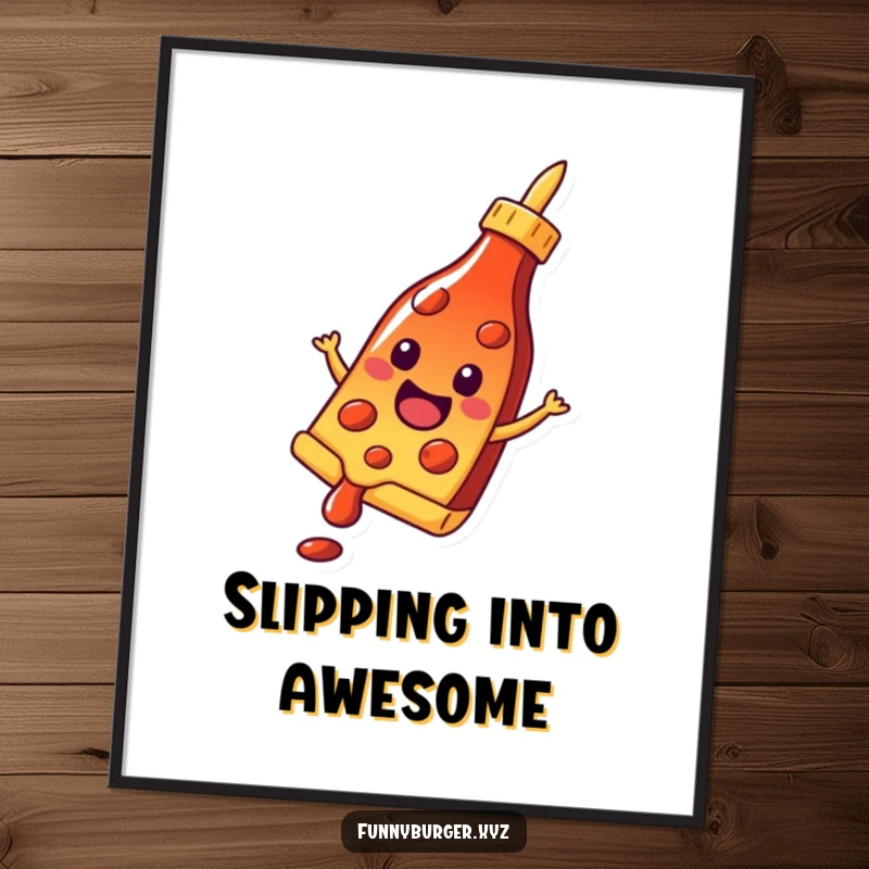 Funny poster art of a cheerful pizza slice sliding down a ketchup bottle, a delightful and quirky piece for food art enthusiasts.