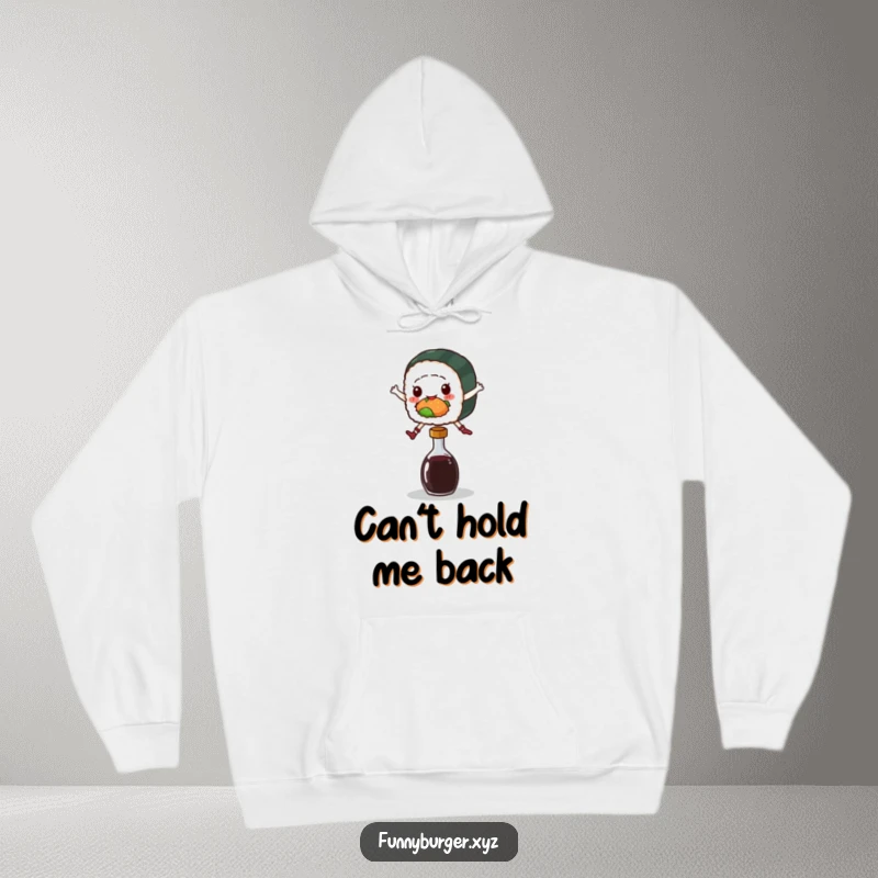 Funny hoodie showcasing a sushi roll character energetically jumping over a soy sauce bottle, a warm and humorous item.