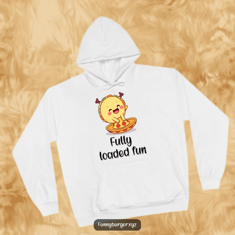 Funny hoodie with a giggling taco doing a cartwheel on a sombrero, ideal for fans of Mexican food and playful designs.
