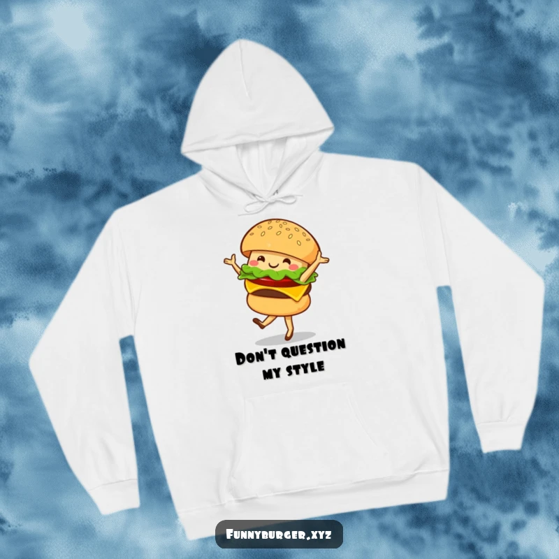 Funny hoodie depicting a smiling burger character doing a ballet twirl, offering warmth and a hearty laugh.
