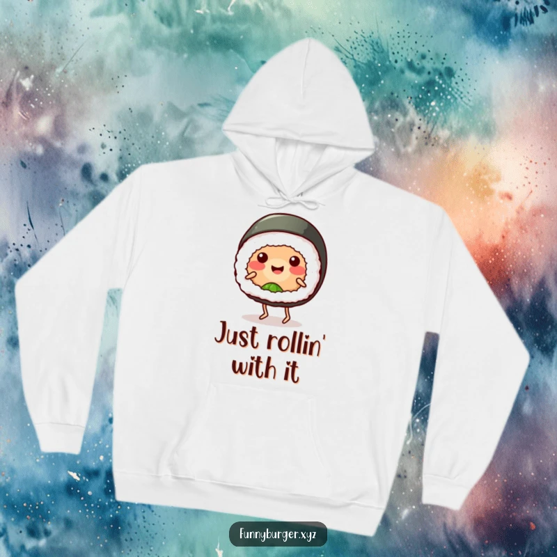 Funny sushi roll hoodie showcasing a smiling, anthropomorphic sushi with tiny legs, dancing goofily, ideal for a humorous and cozy gift.