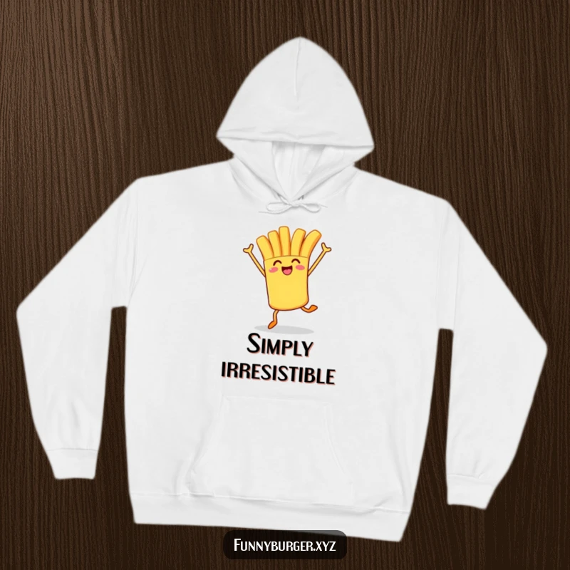 Funny hoodie with a french fry character mid-hop, arms enthusiastically in the air, perfect for cozy, humorous wear.