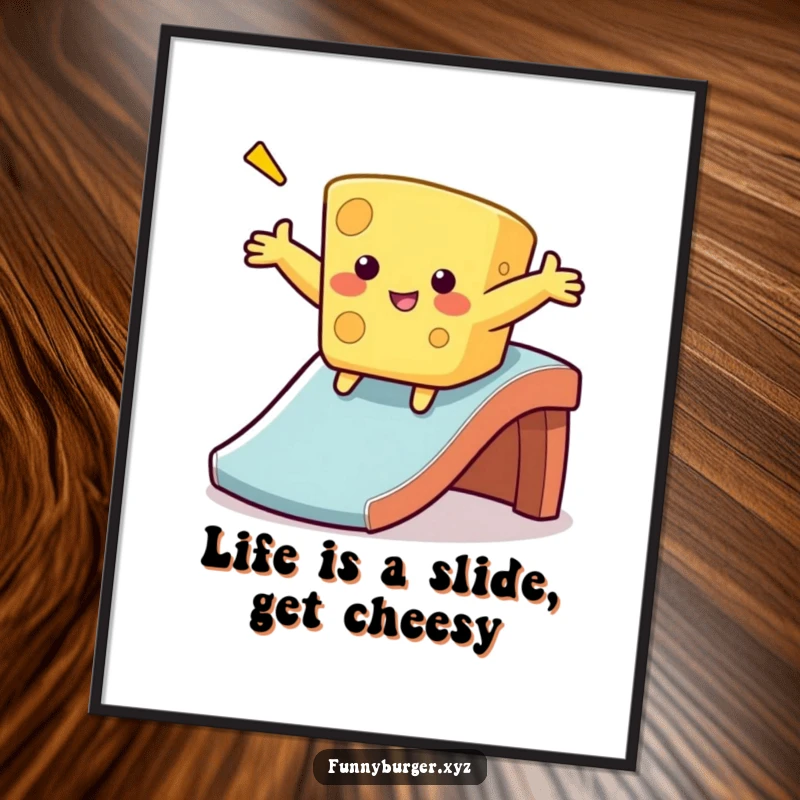 Funny Free Printable Wall Art of a wobbly cheese character gleefully sliding down a slide.