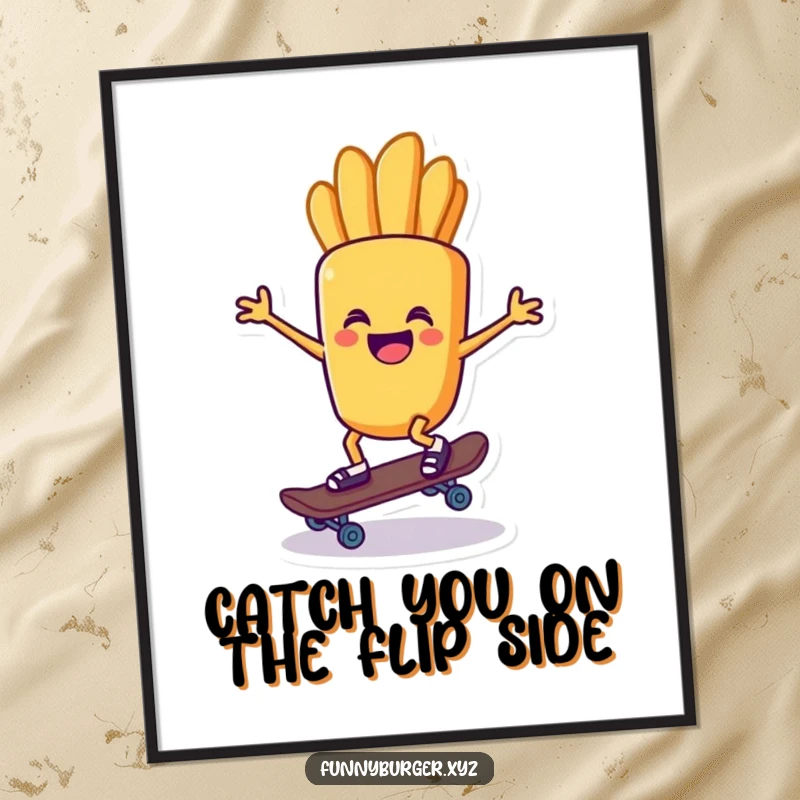 Funny Free Printable Wall Art: Delighted french fry character attempting to ride a tiny skateboard, a humorous food illustration.