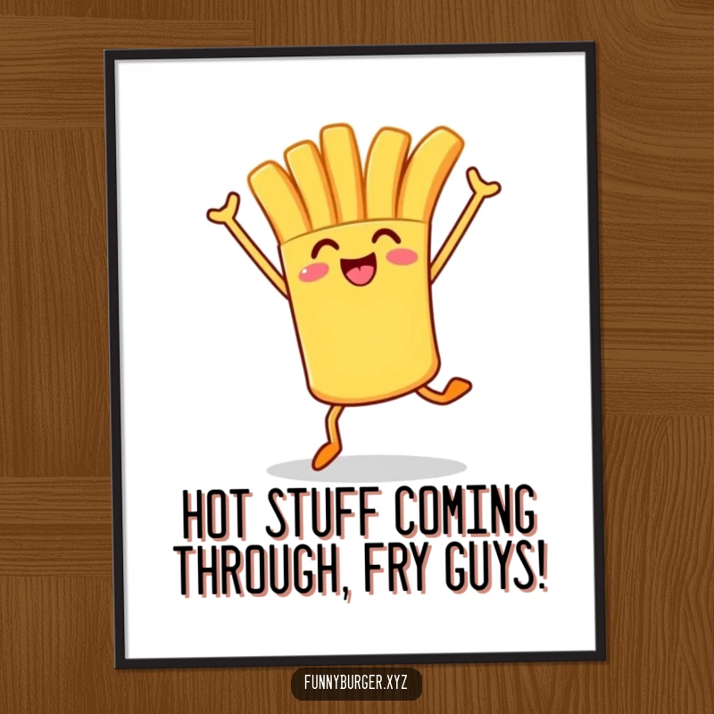 Funny Free Printable Wall Art depicting a french fry character mid-hop with arms enthusiastically in the air.