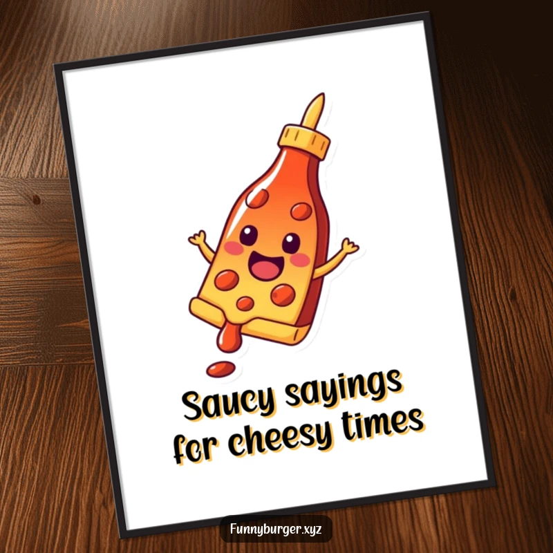 Funny Free Printable Wall Art of a cheerful anthropomorphic pizza slice sliding with glee down a ketchup bottle.