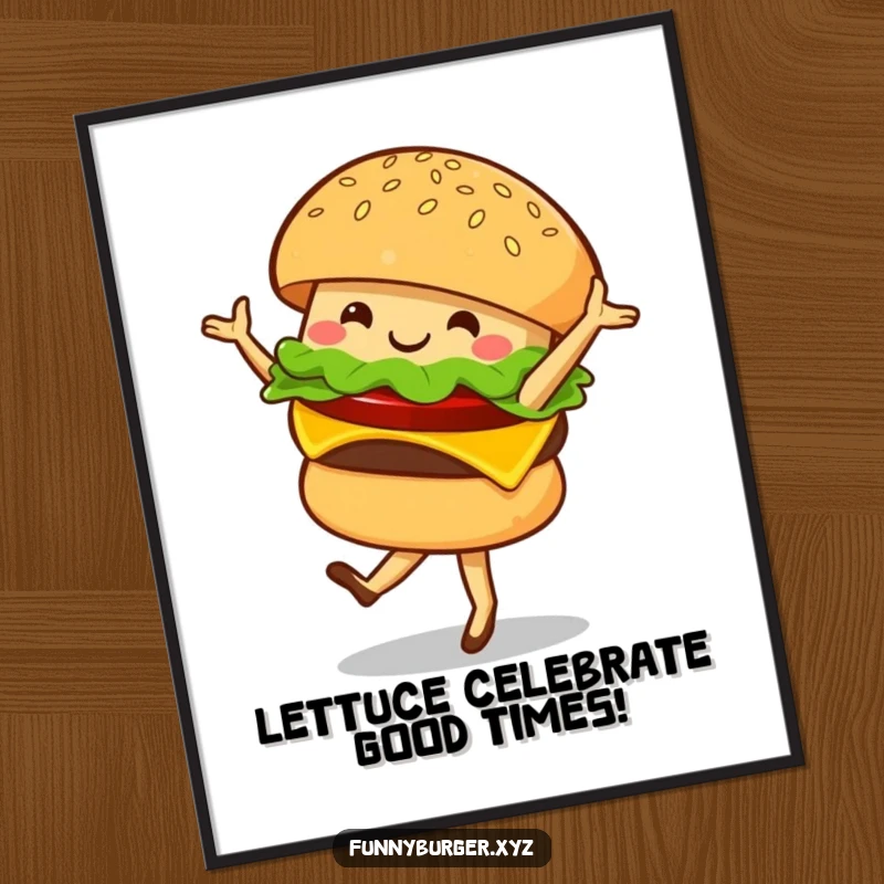 Funny Free Printable Wall Art: Smiling burger character doing a ballet twirl, sesame seed bun up, capturing foodie humor.
